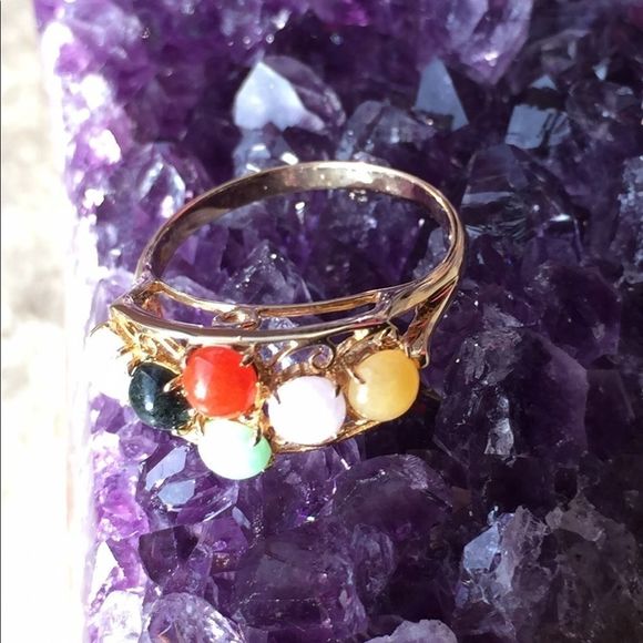 14K Solid Gold Multi Color Jade Filigree Ring 8.25